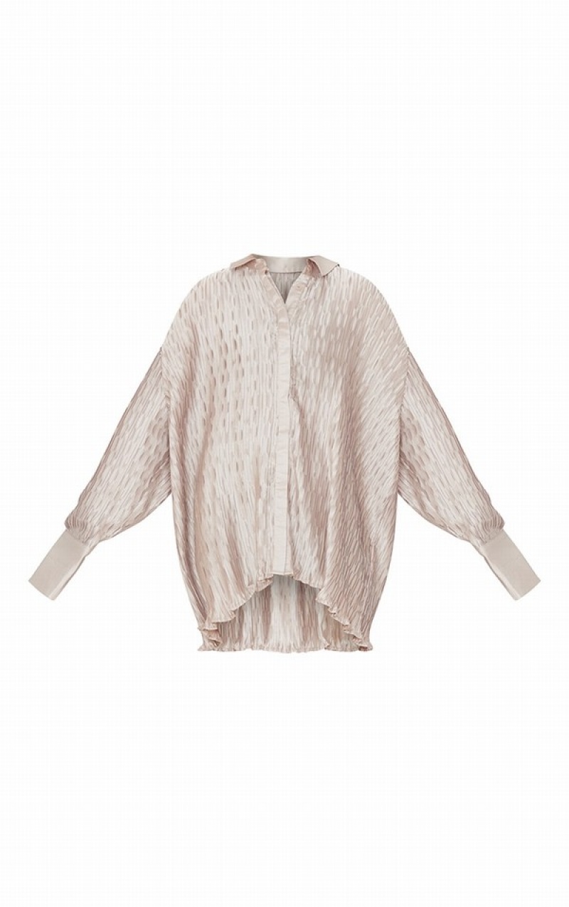 Beige Pretty Little Thing Oatmeal Plisse Oversized Shirts | YLQKEGM-34