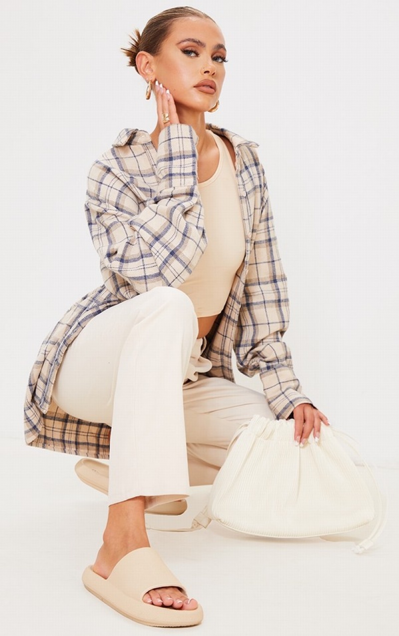 Beige Pretty Little Thing Oversized Checked Shirts | XAZSQKY-16