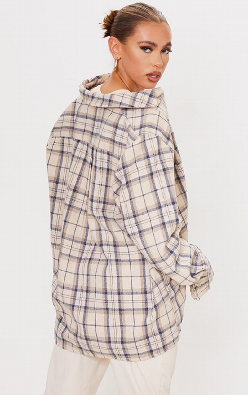 Beige Pretty Little Thing Oversized Checked Shirts | XAZSQKY-16