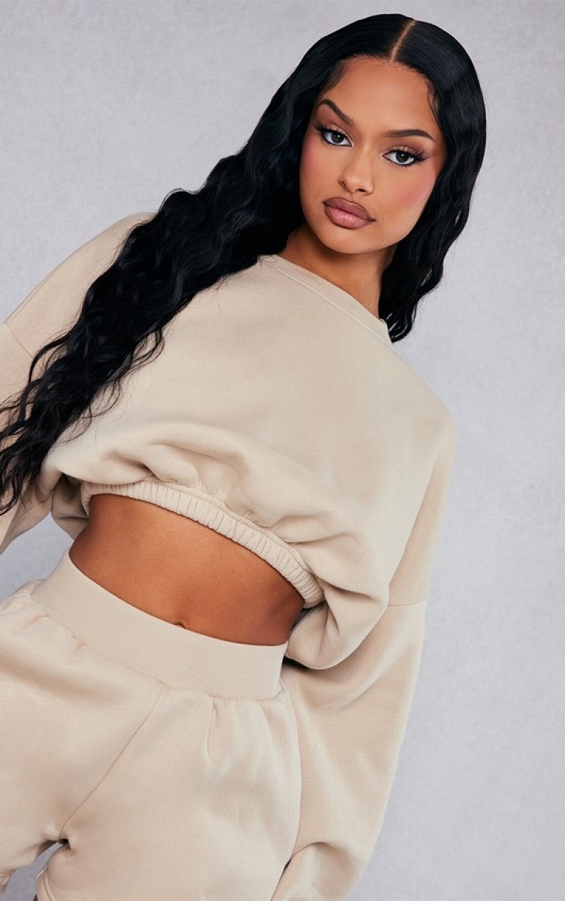 Beige Pretty Little Thing Oversized Cinched Cropped Sweatshirts | GVQXKTH-94