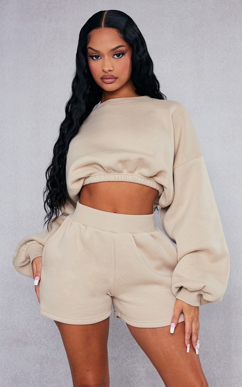 Beige Pretty Little Thing Oversized Cinched Cropped Sweatshirts | GVQXKTH-94