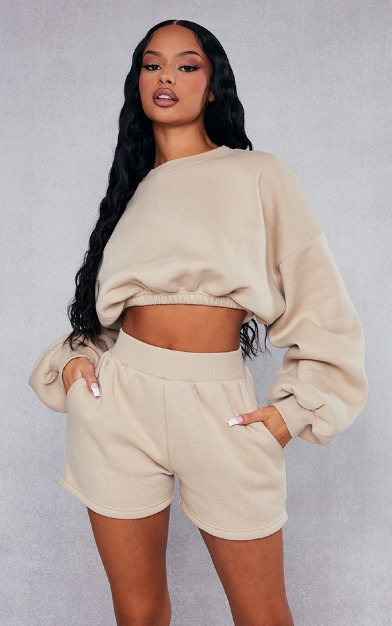 Beige Pretty Little Thing Oversized Thick Waistband Runner Shorts | NCVXHBI-50