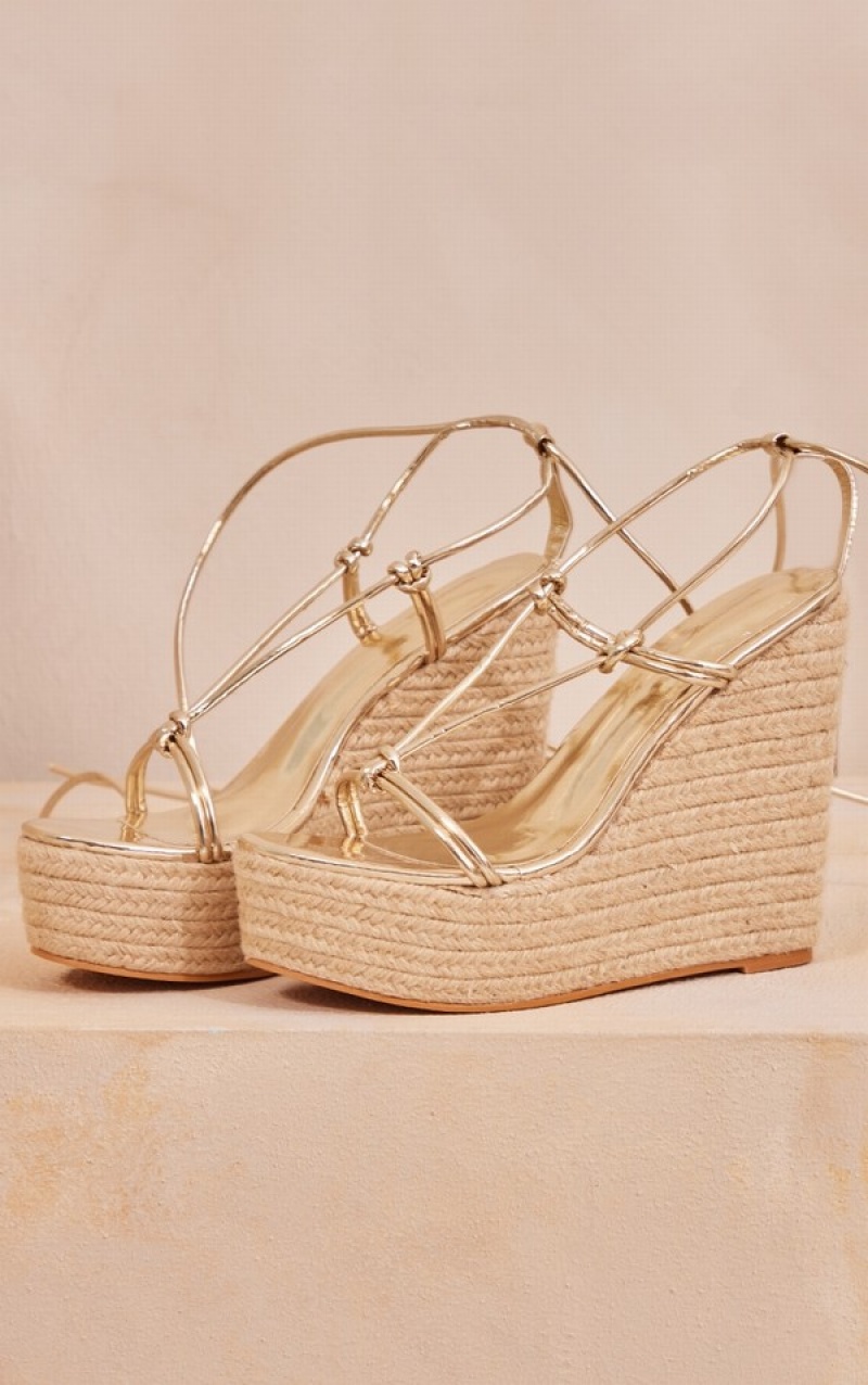 Beige Pretty Little Thing PU Metallic Twist Strap Lace Up Highed Espadrille Wedges Heels | QTORCVX-32