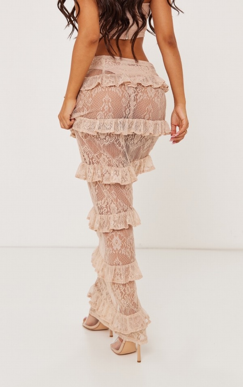 Beige Pretty Little Thing Petite Nude Lace Ruffle Detail Midaxi Skirts | XDUNBSL-61