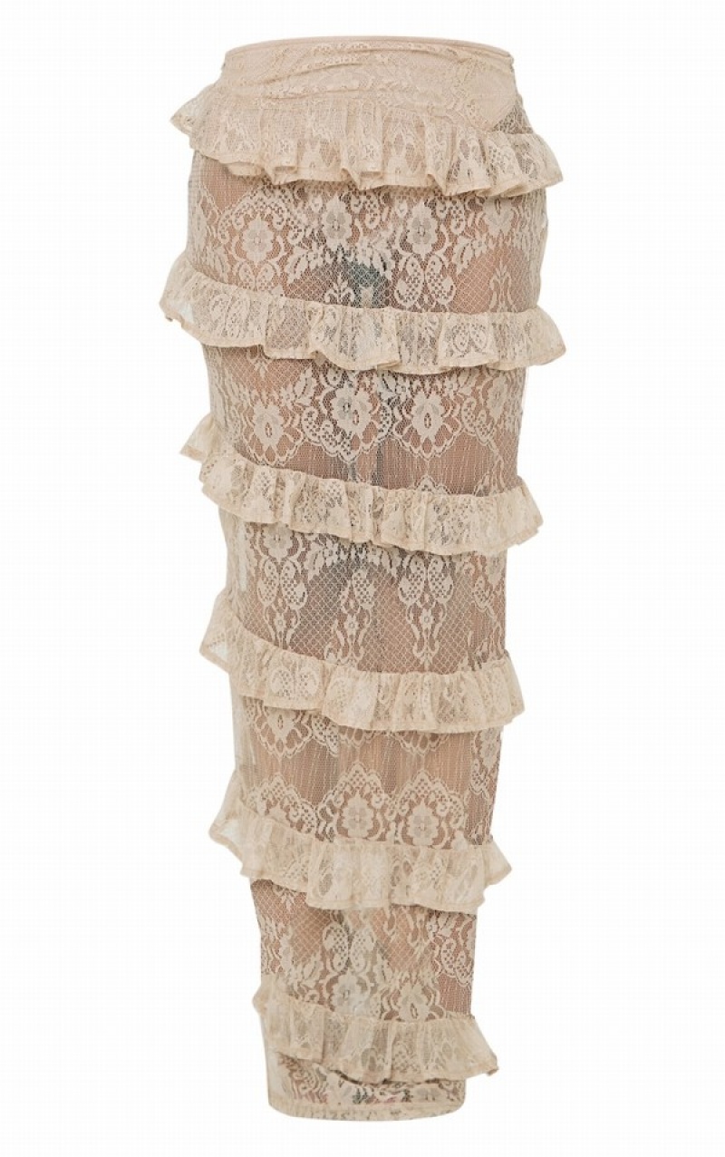 Beige Pretty Little Thing Petite Nude Lace Ruffle Detail Midaxi Skirts | XDUNBSL-61