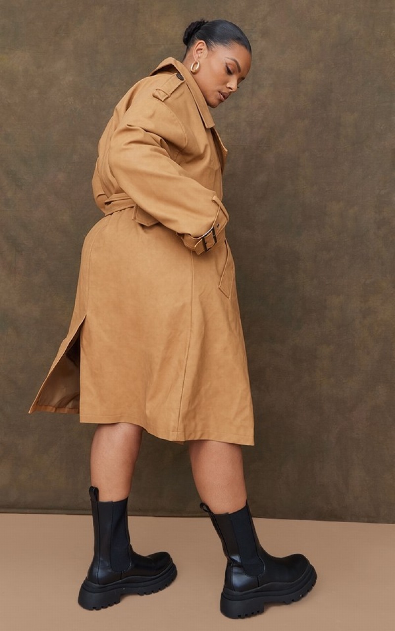 Beige Pretty Little Thing Plus Faux Leather Statement Buckle Trench Coats | KYSRDXJ-54