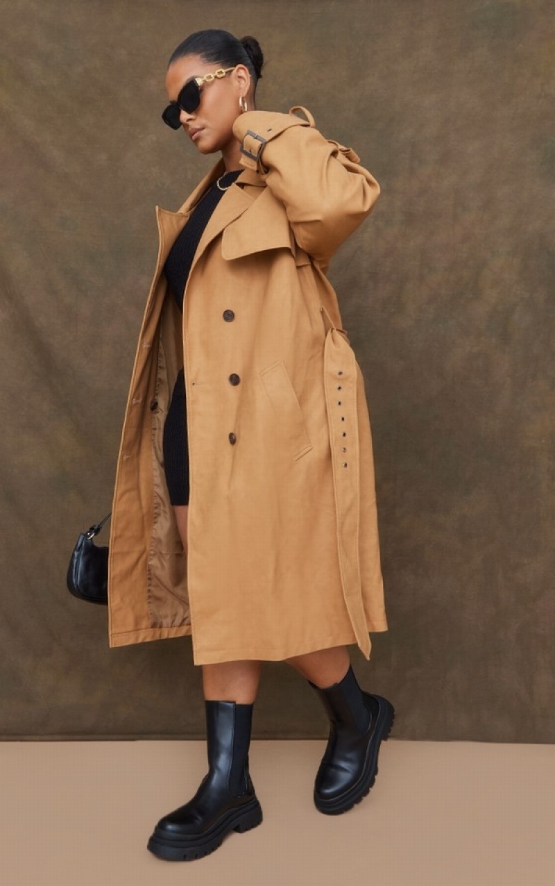 Beige Pretty Little Thing Plus Faux Leather Statement Buckle Trench Coats | KYSRDXJ-54