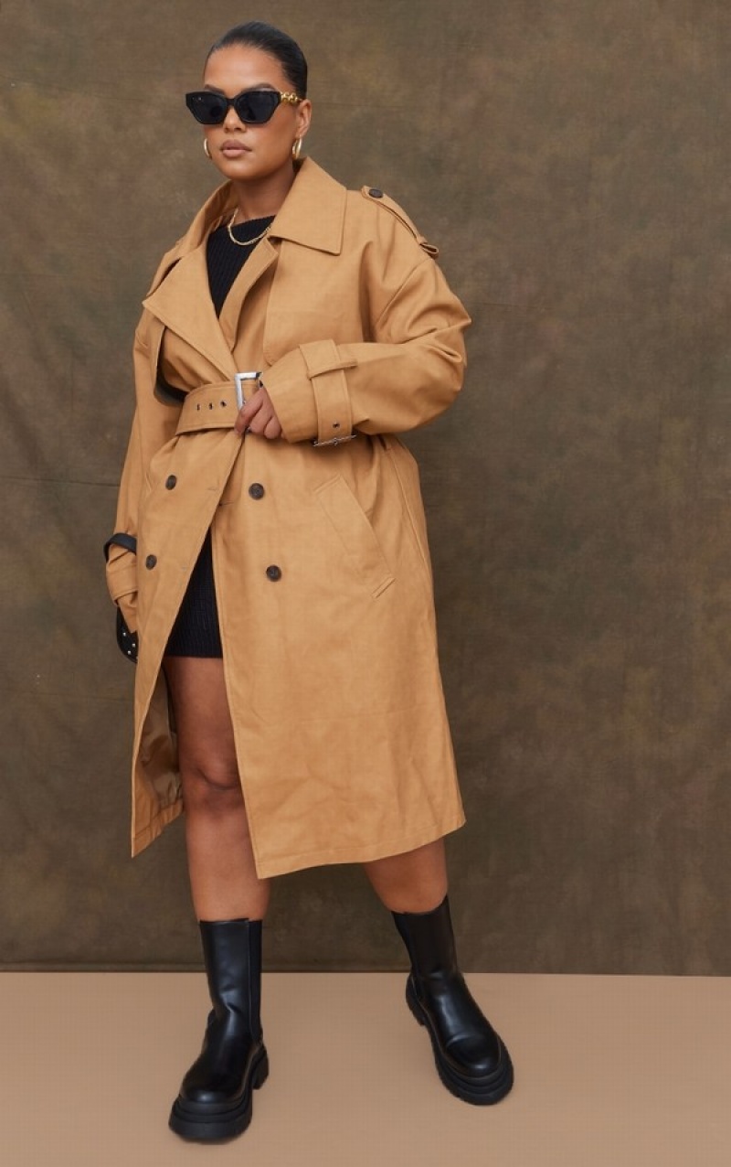 Beige Pretty Little Thing Plus Faux Leather Statement Buckle Trench Coats | KYSRDXJ-54