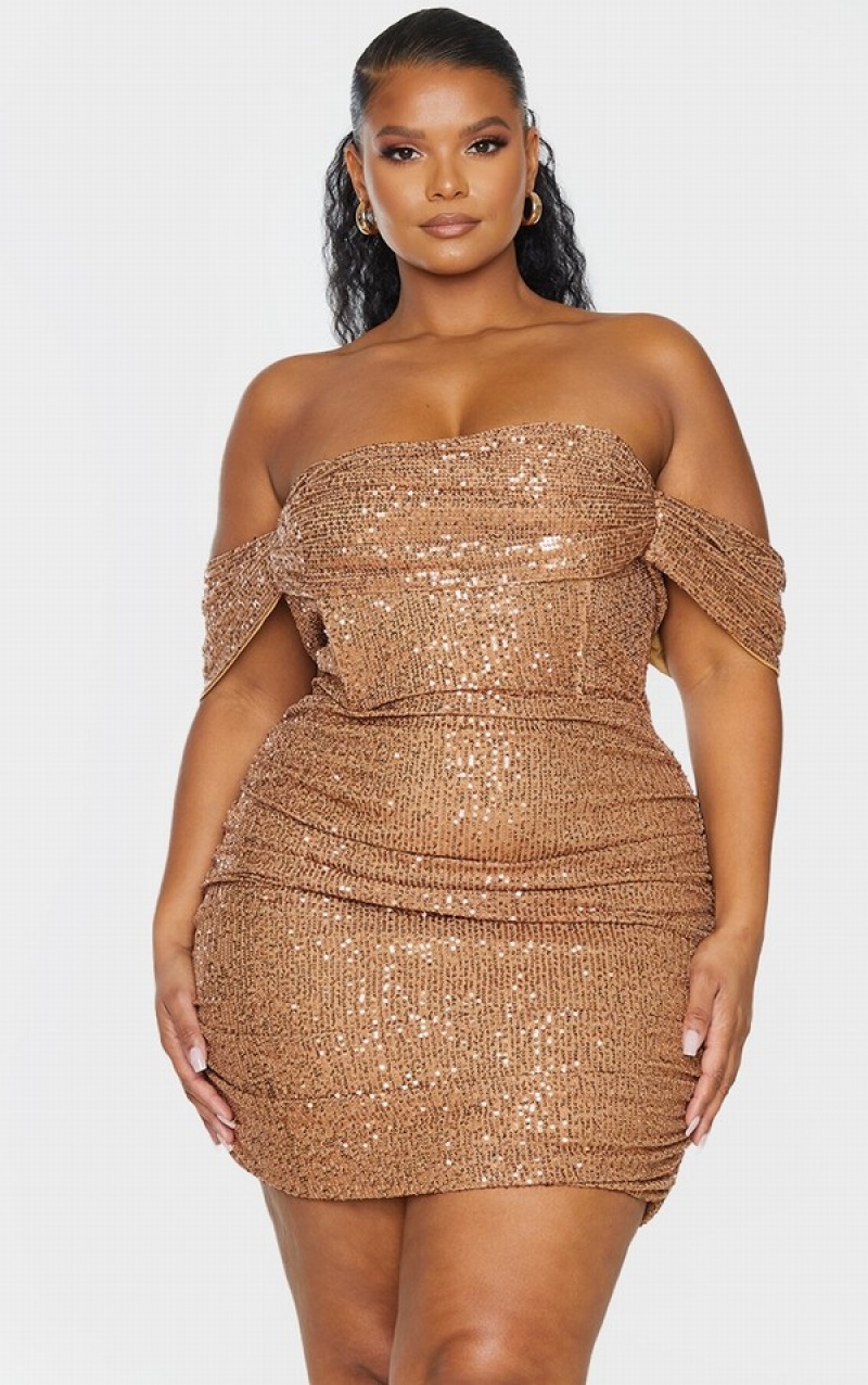 Beige Pretty Little Thing Plus Mocha Sequin Bardot Bodycon Dresses | YJGHMDT-67