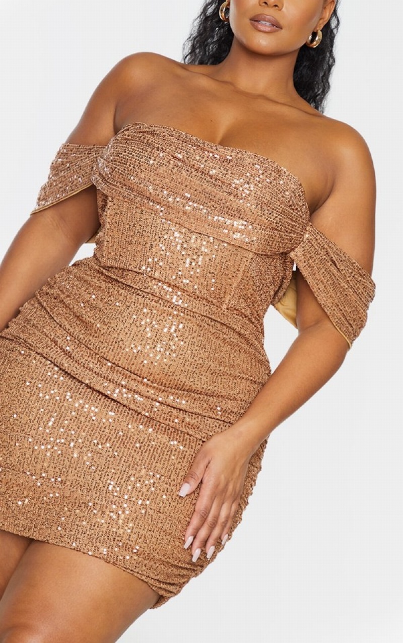 Beige Pretty Little Thing Plus Mocha Sequin Bardot Bodycon Dresses | YJGHMDT-67