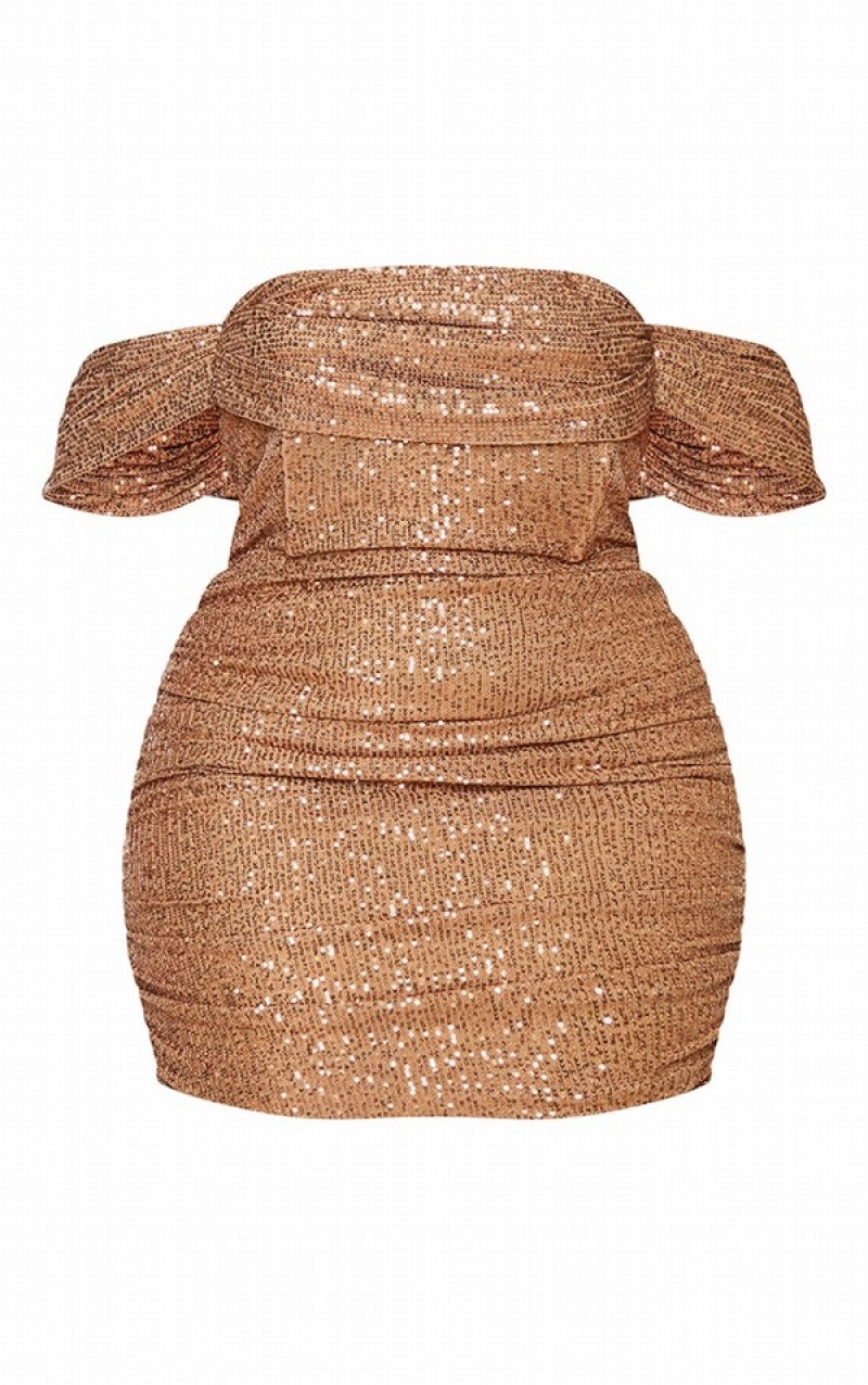 Beige Pretty Little Thing Plus Mocha Sequin Bardot Bodycon Dresses | YJGHMDT-67