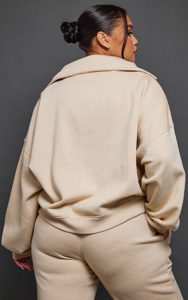 Beige Pretty Little Thing Plus Oatmeal Zip Up Sweatshirts | XOFKQAH-60