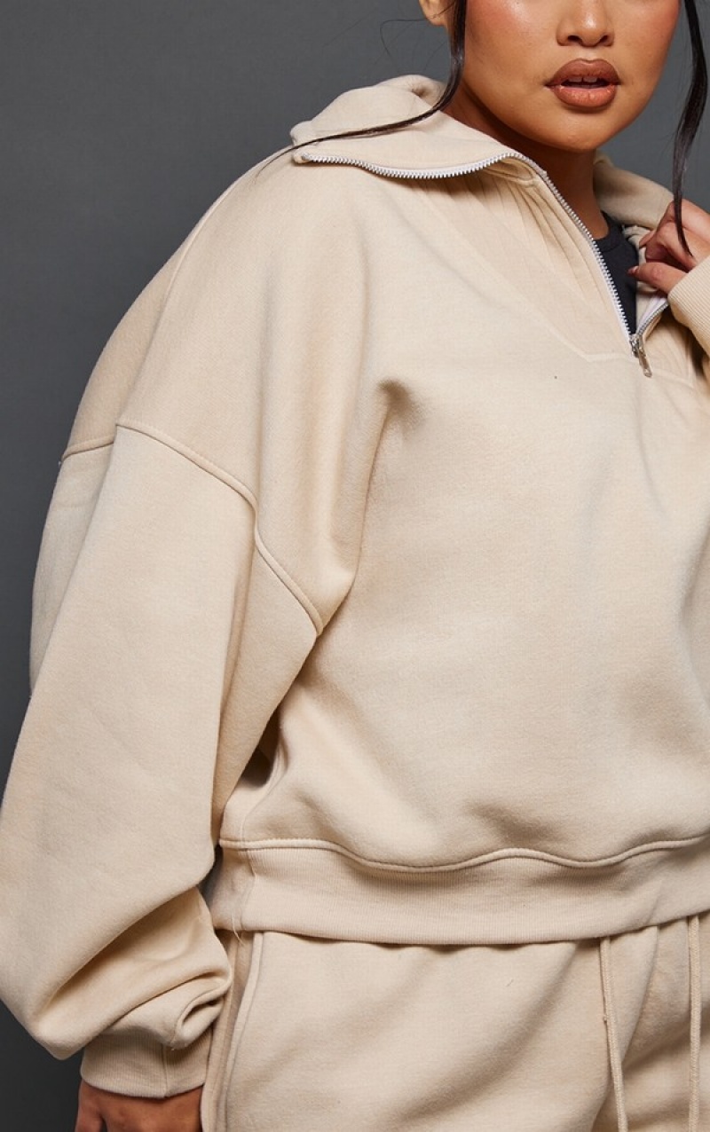 Beige Pretty Little Thing Plus Oatmeal Zip Up Sweatshirts | XOFKQAH-60