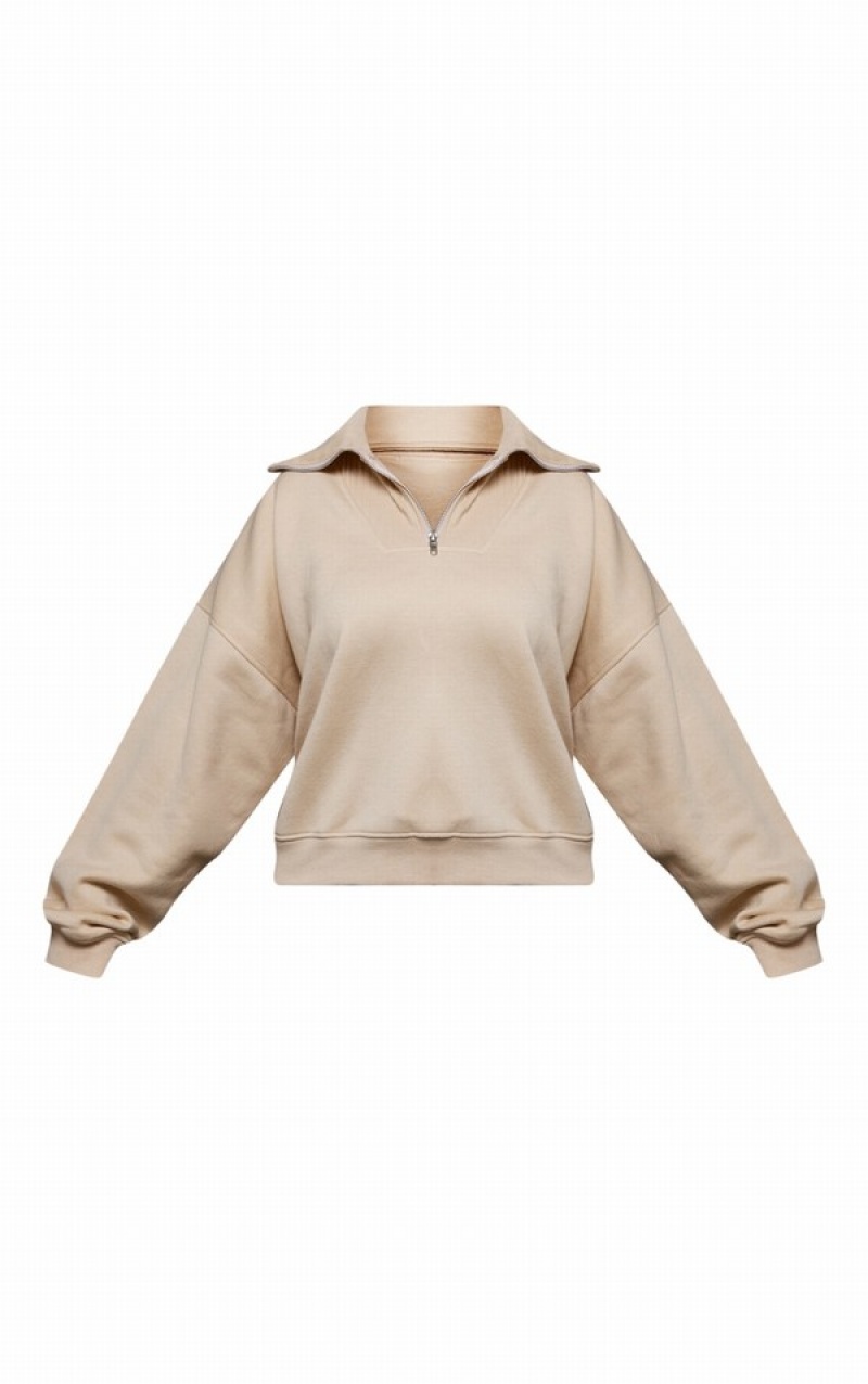 Beige Pretty Little Thing Plus Oatmeal Zip Up Sweatshirts | XOFKQAH-60