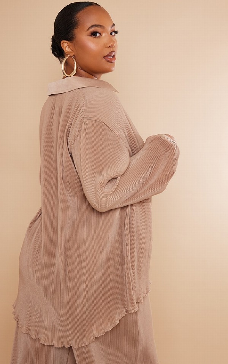 Beige Pretty Little Thing Plus Plisse Button Front Oversized Shirts | OVDCTEA-52