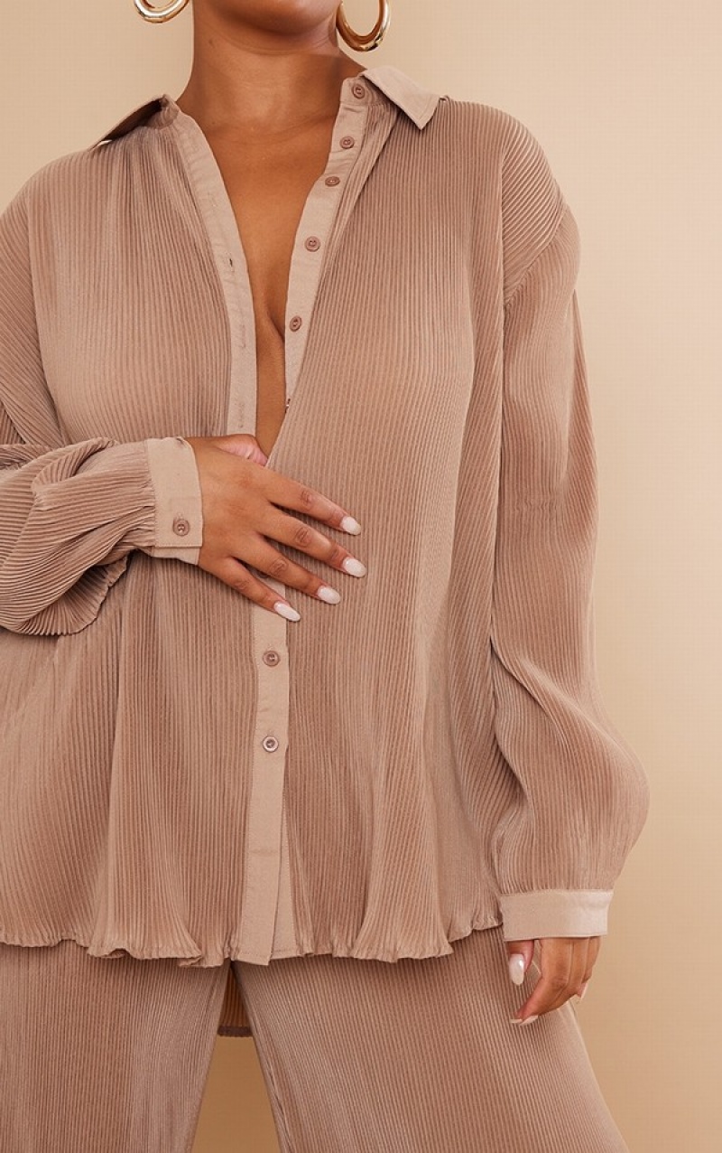 Beige Pretty Little Thing Plus Plisse Button Front Oversized Shirts | OVDCTEA-52