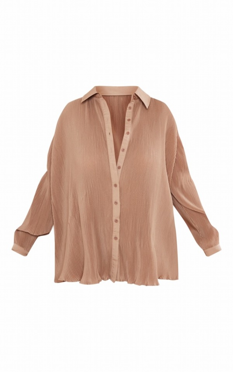 Beige Pretty Little Thing Plus Plisse Button Front Oversized Shirts | OVDCTEA-52