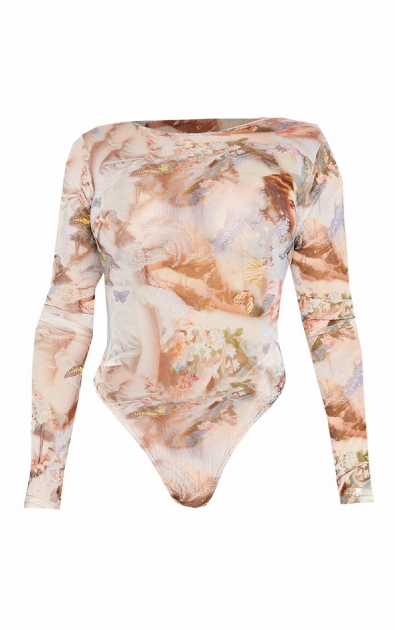 Beige Pretty Little Thing Shape Nude Renaissance Printed Mesh Long Sleeved Bodysuits | YIZXEVB-72