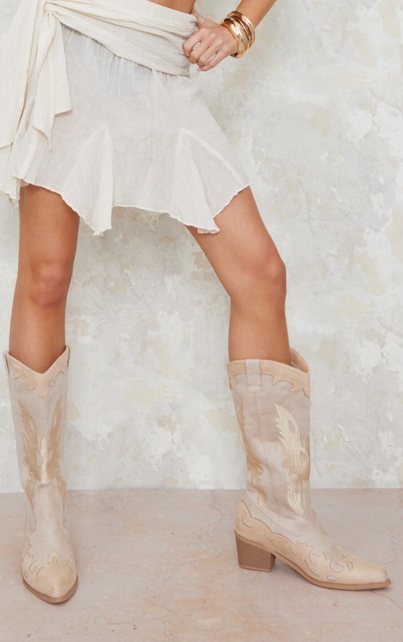 Beige Pretty Little Thing Suede EmbroideDetail Wide Fit Western Calf Boots | BQNJYKU-78