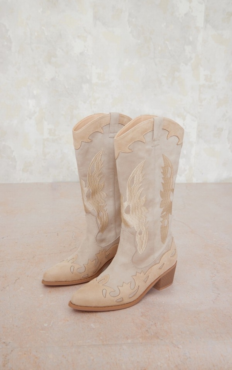 Beige Pretty Little Thing Suede EmbroideDetail Wide Fit Western Calf Boots | BQNJYKU-78