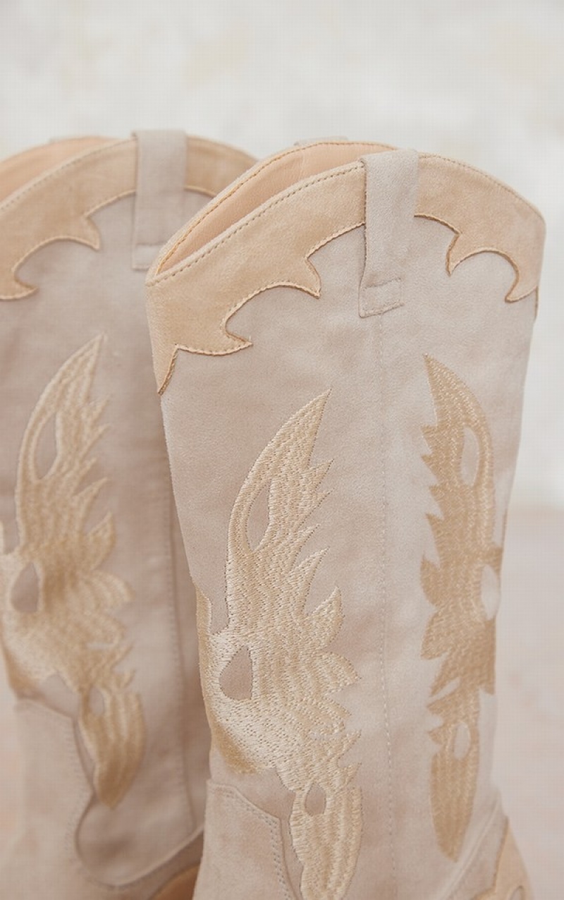 Beige Pretty Little Thing Suede EmbroideDetail Wide Fit Western Calf Boots | BQNJYKU-78