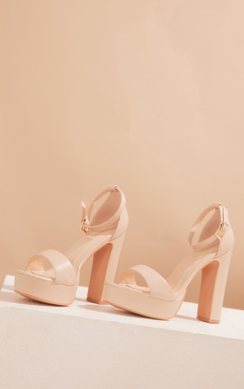 Beige Pretty Little Thing Taya Nude PU Platform Heels | XHLNFSM-60