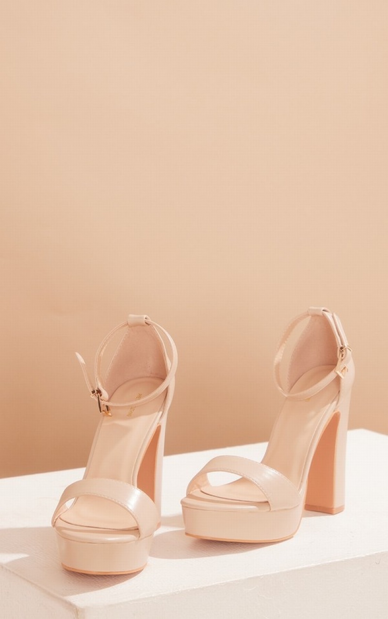 Beige Pretty Little Thing Taya Nude PU Platform Heels | XHLNFSM-60