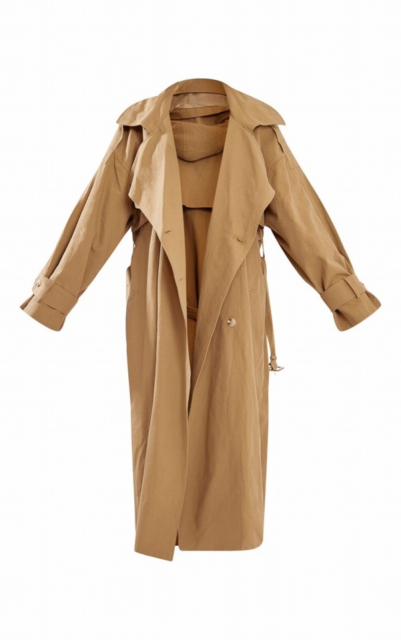 Beige Pretty Little Thing Warm Woven Hooded Oversized Trench Coats | HTZKEQW-35