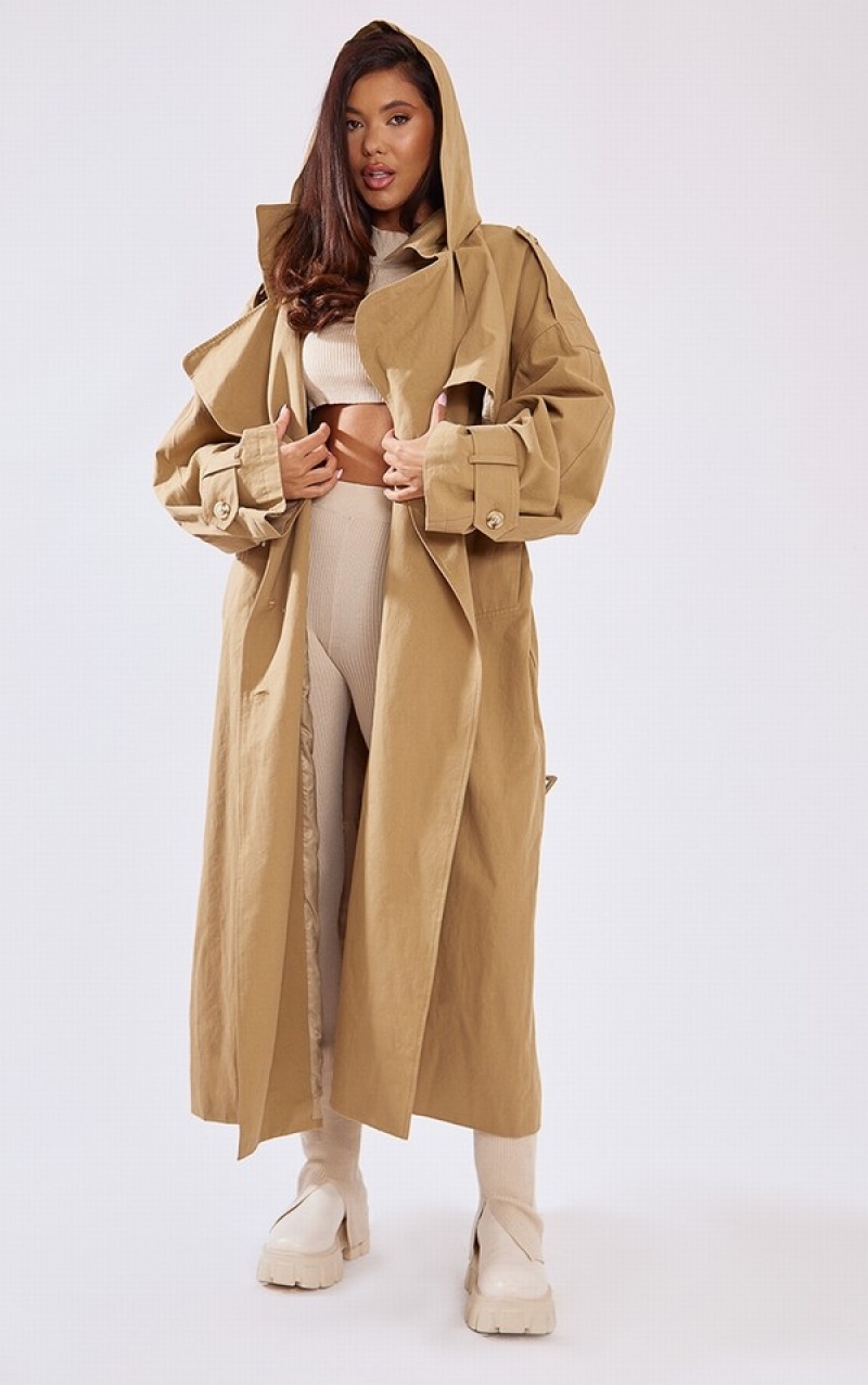 Beige Pretty Little Thing Warm Woven Hooded Oversized Trench Coats | HTZKEQW-35