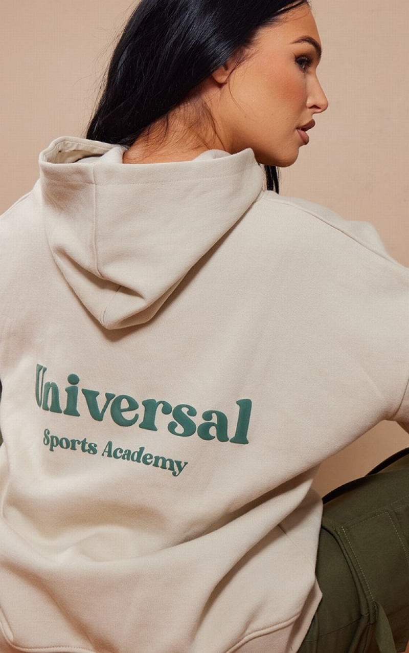 Beige / Grey Pretty Little Thing Natural Stone Universal Sports Academy Print Hoodie | LMDBIRT-14