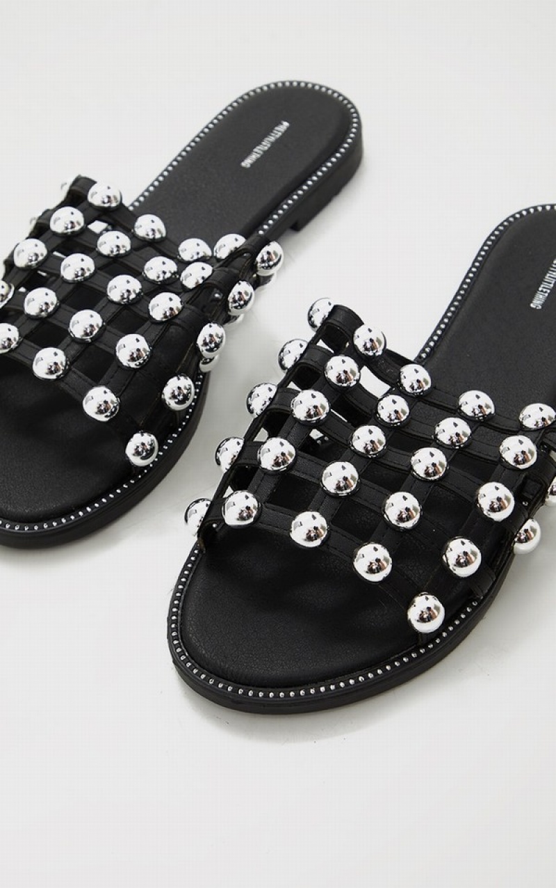 Black Pretty Little Thing Alisa Large Studded Slides | OPIDKAM-18