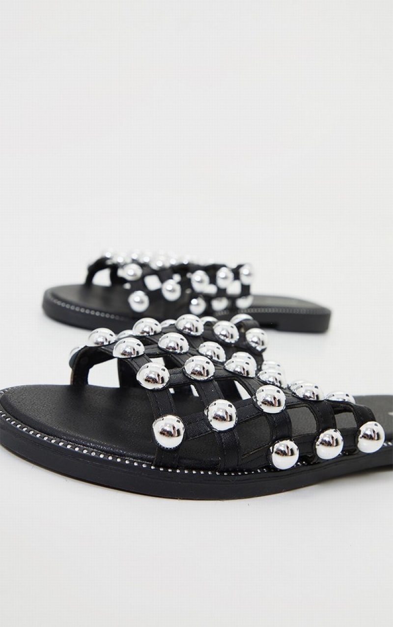 Black Pretty Little Thing Alisa Large Studded Slides | OPIDKAM-18