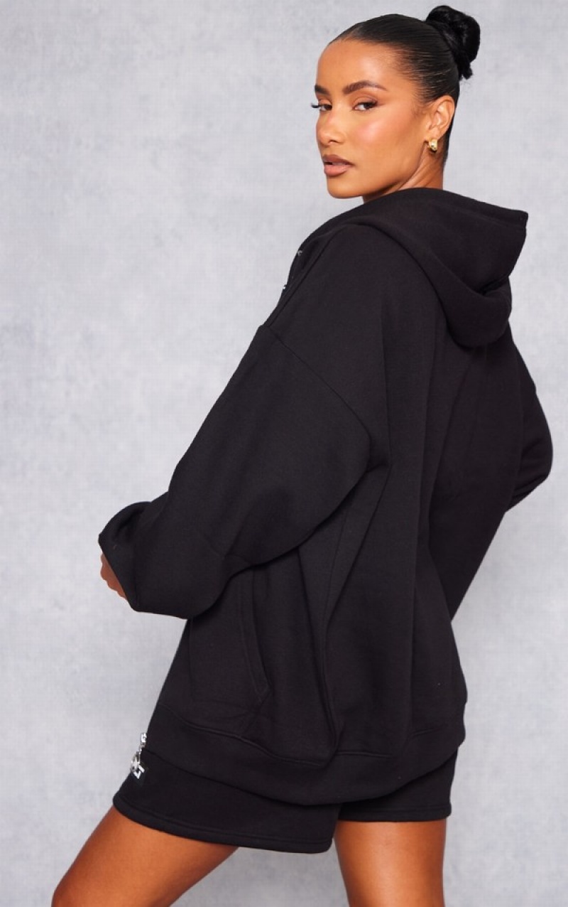 Black Pretty Little Thing Badge Oversized Zip Up Hoodie | BYFRNLW-52