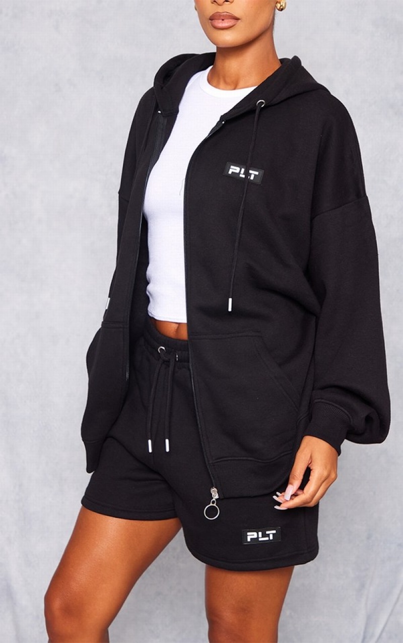 Black Pretty Little Thing Badge Oversized Zip Up Hoodie | BYFRNLW-52