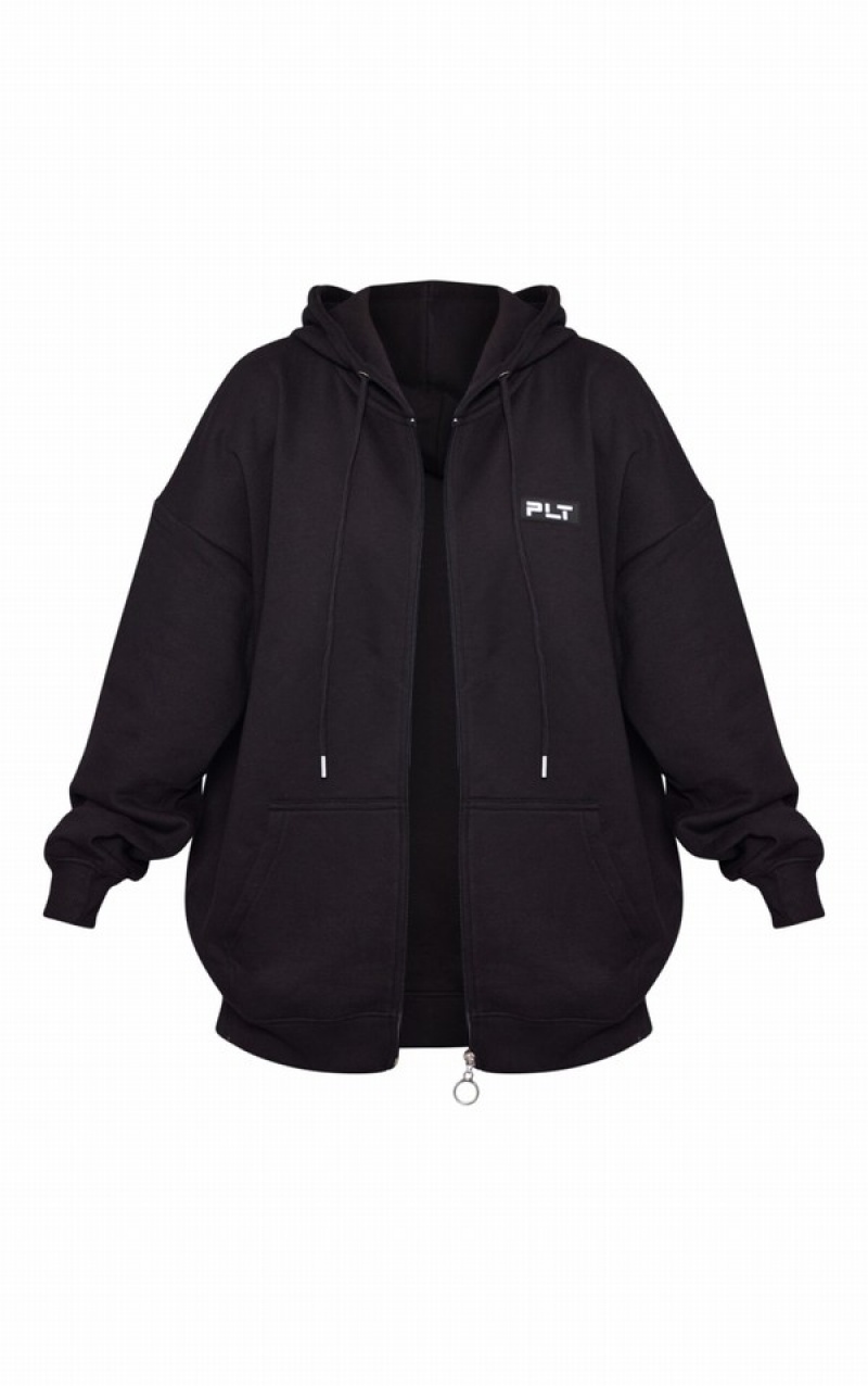 Black Pretty Little Thing Badge Oversized Zip Up Hoodie | BYFRNLW-52