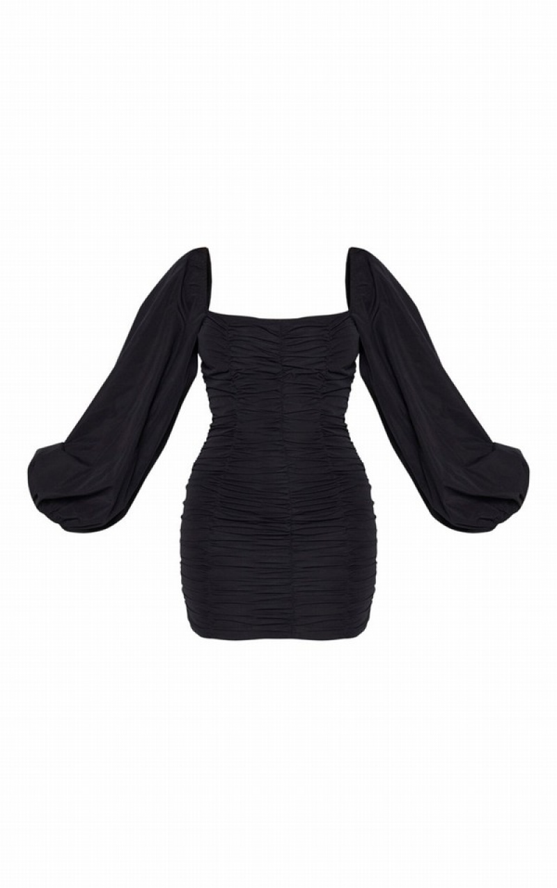 Black Pretty Little Thing Balloon Sleeve Ruched Bodycon Dresses | UTXOKWB-18