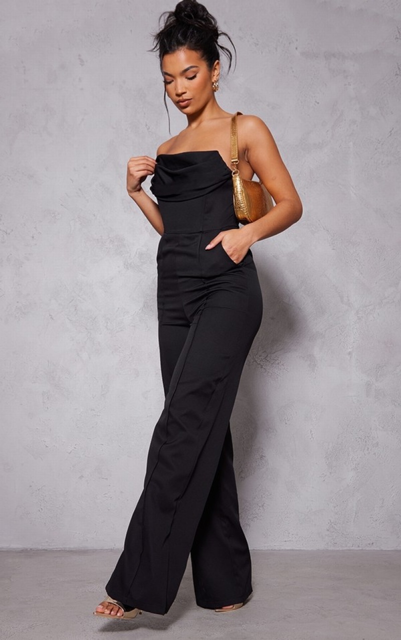 Black Pretty Little Thing Bandeau Cowl Neck Pocket Detail Jumpsuits | DWFOQIA-48