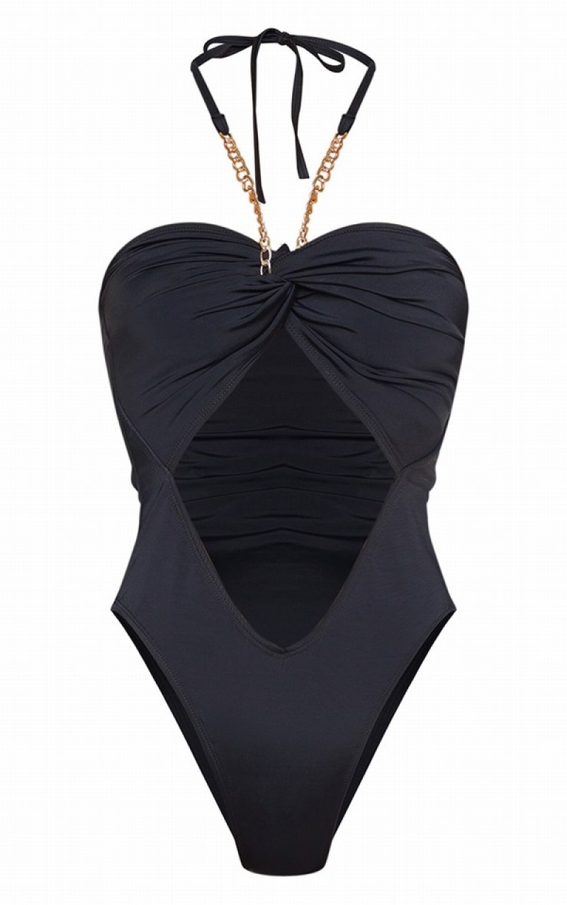 Black Pretty Little Thing Bandeau Neck Chain Cut Out Swimsuits | WLVETGY-03