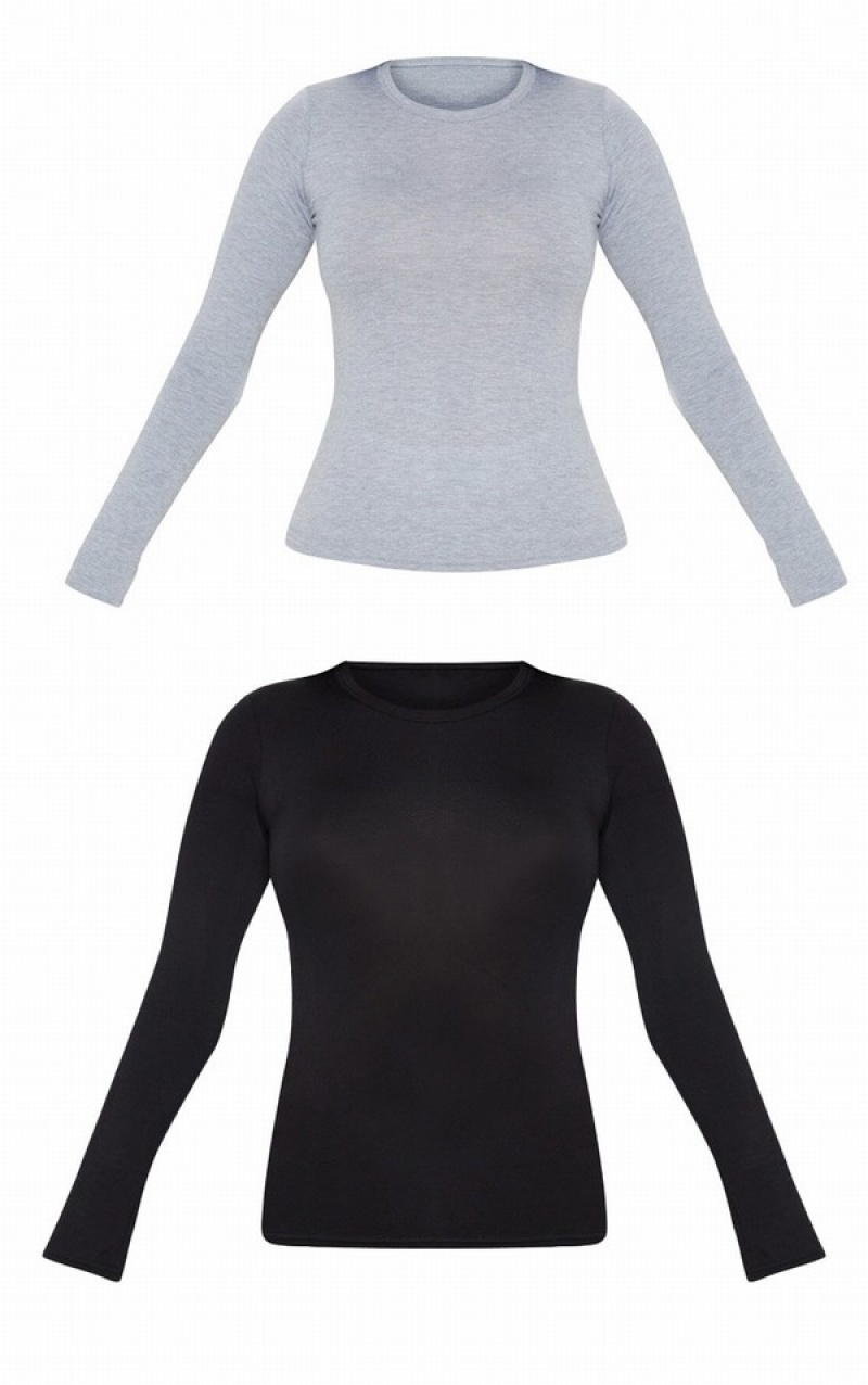 Black Pretty Little Thing Basic Cotton Blend Long Sleeve Fitted 2 Pack T-shirts | YRQAUKZ-01