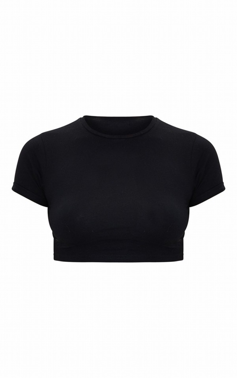 Black Pretty Little Thing Basic Cotton Blend Roll Sleeve Crop 2 Pack T-shirts | CNHBQGP-01