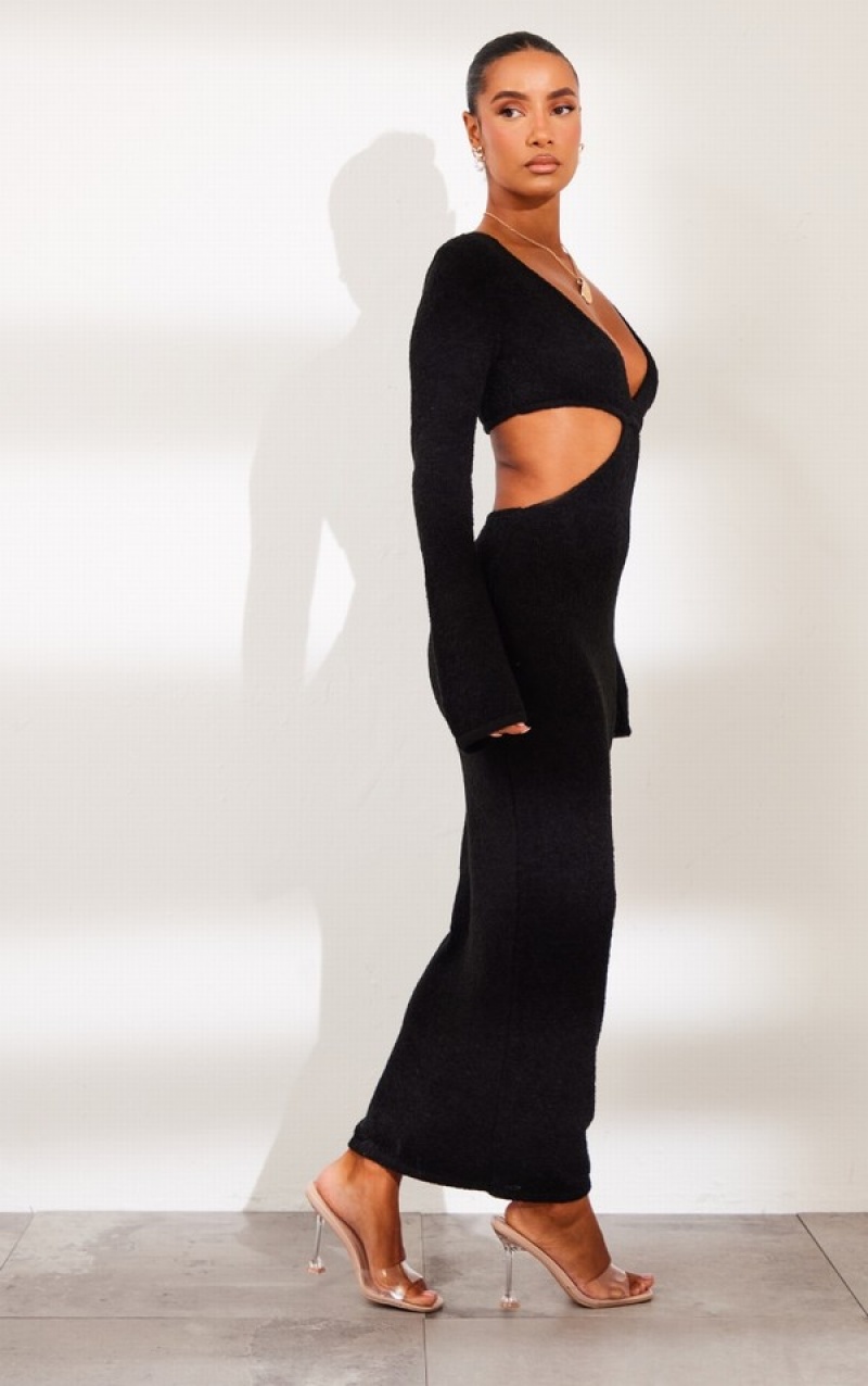 Black Pretty Little Thing Bobble Knit Long Sleeve Cut Out Maxi Dresses | TLMVBDJ-94