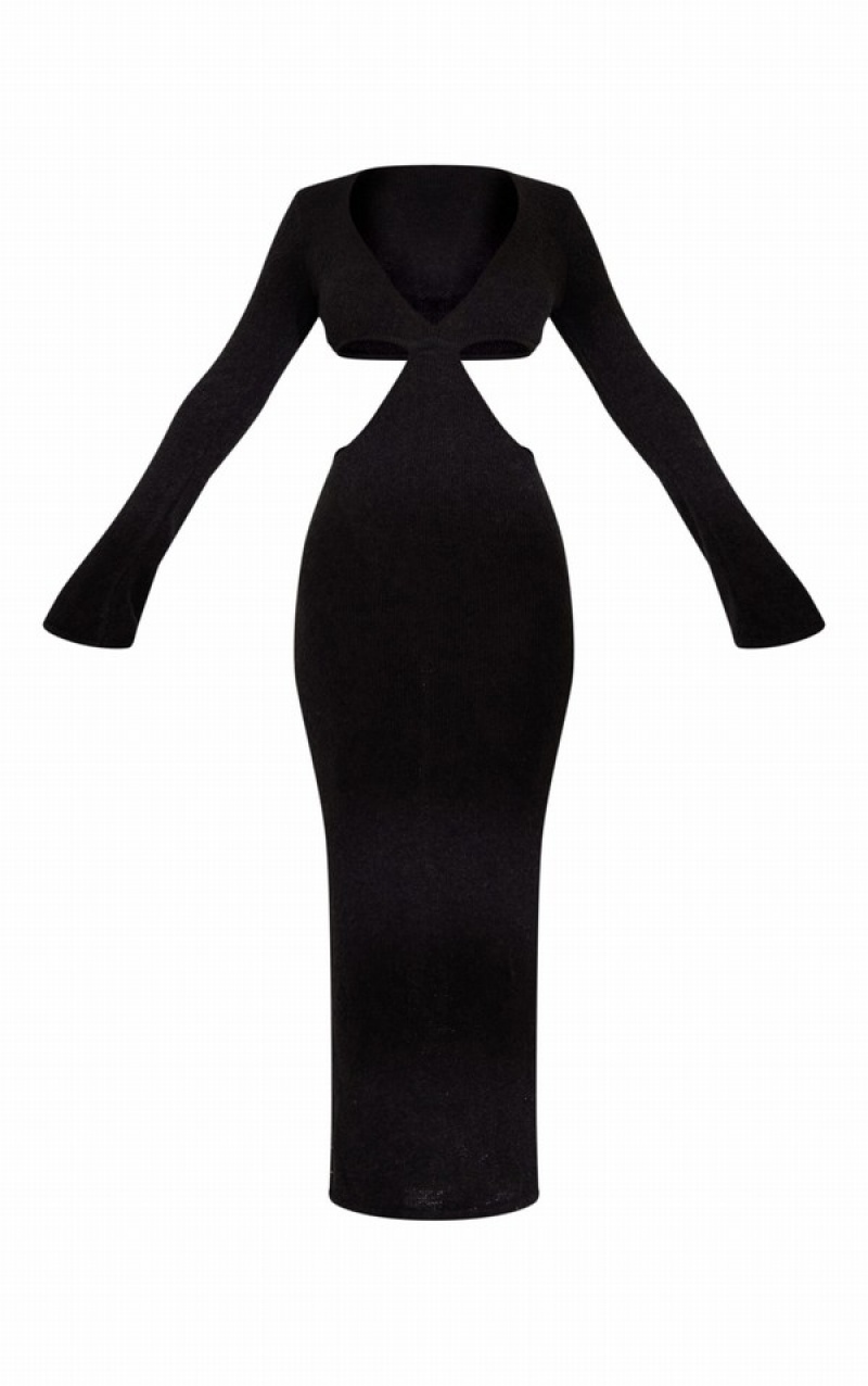 Black Pretty Little Thing Bobble Knit Long Sleeve Cut Out Maxi Dresses | TLMVBDJ-94