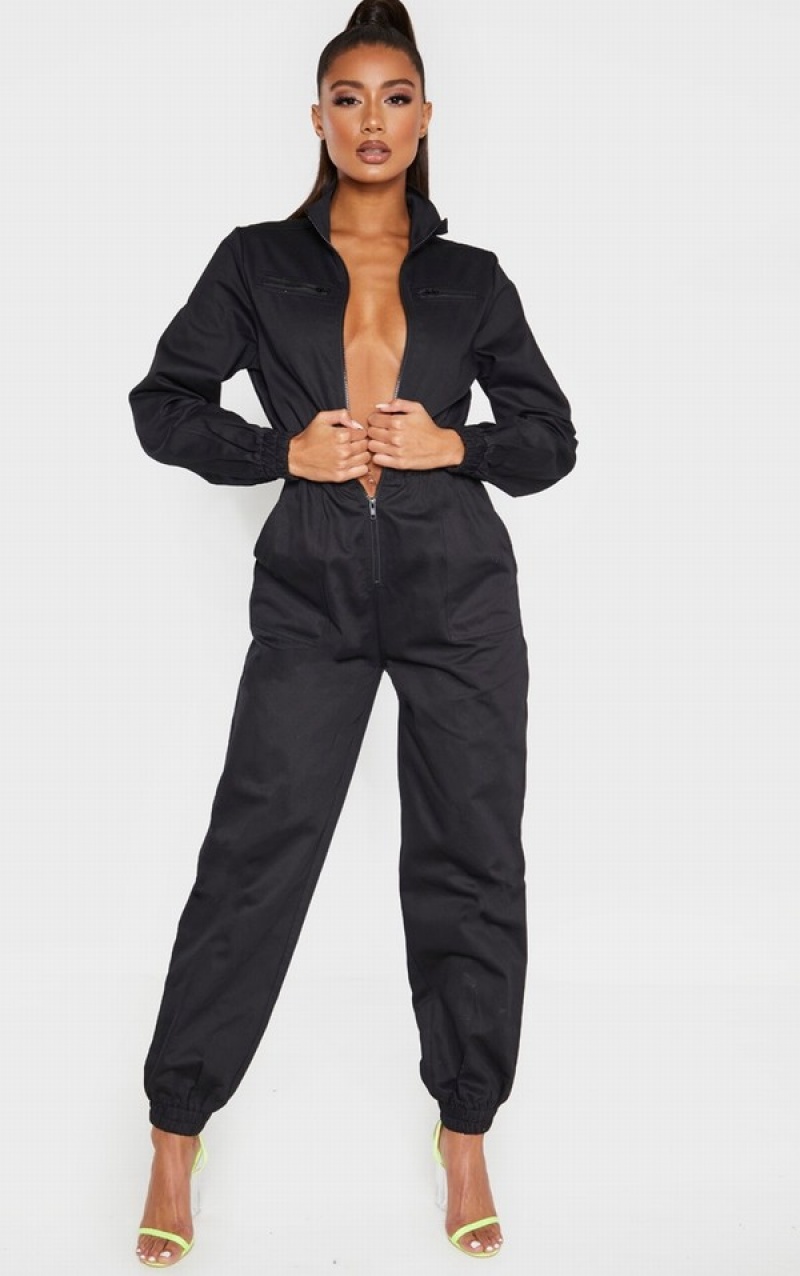 Black Pretty Little Thing Boiler Contrast Zip Jumpsuits | MHBGKQI-96