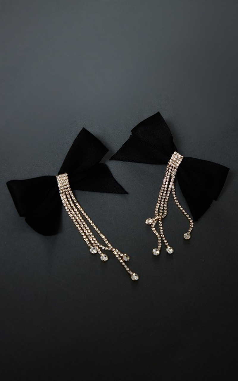 Black Pretty Little Thing Bow Diamante Drop Statement Jewelry | OXPMLHK-63