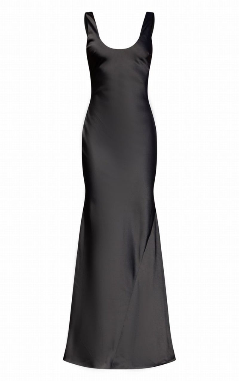 Black Pretty Little Thing Bridesmaid Satin Scoop Back Maxi Dresses | UHQIMKV-97