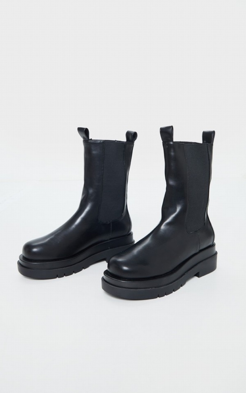 Black Pretty Little Thing Calf High Chunky Chelsea Boots | BDNYUKI-92