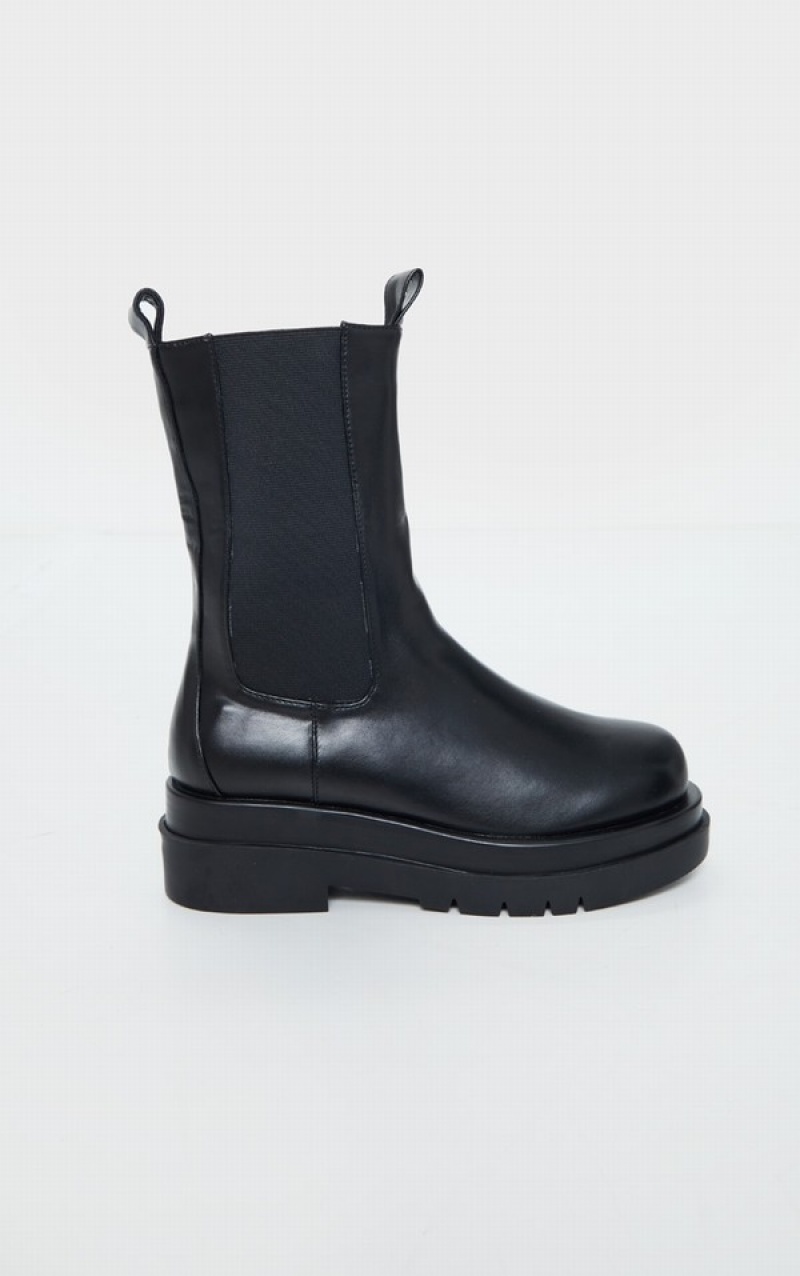 Black Pretty Little Thing Calf High Chunky Chelsea Boots | BDNYUKI-92