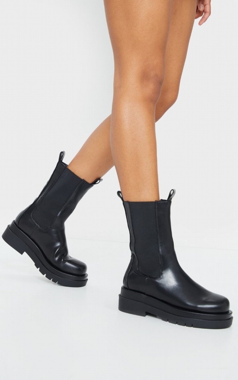 Black Pretty Little Thing Calf High Chunky Chelsea Boots | BDNYUKI-92