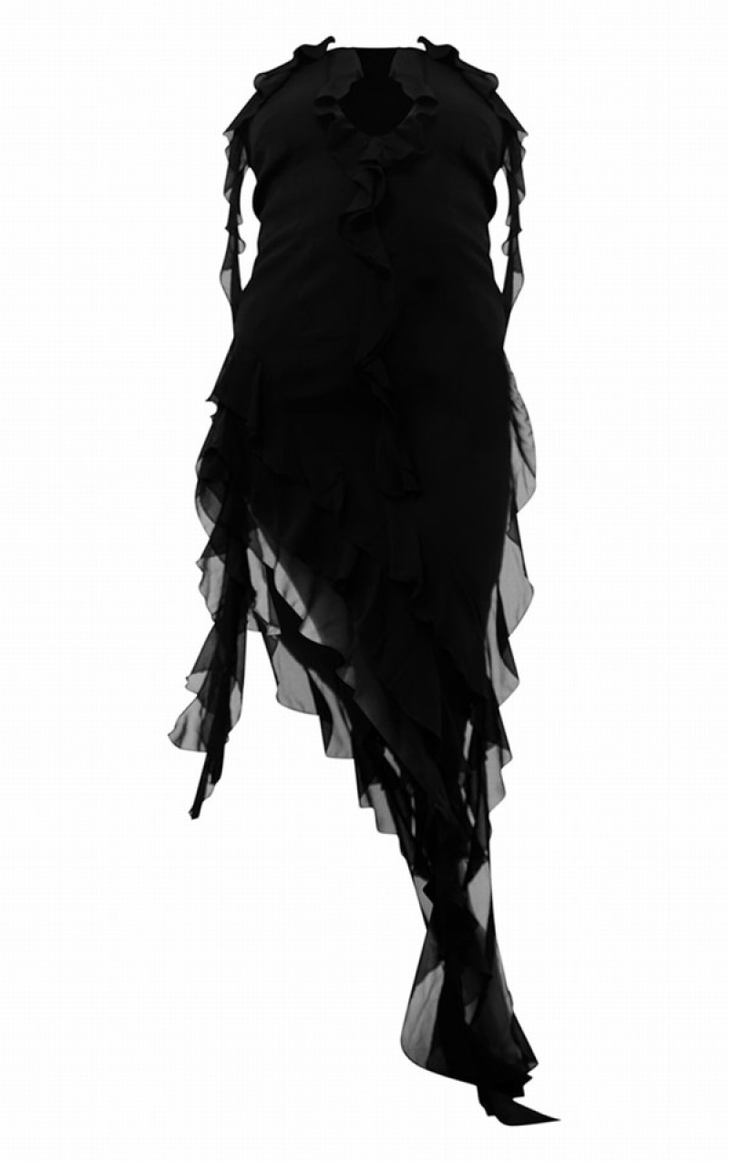 Black Pretty Little Thing Chiffon Frill Detail Plunge Midaxi Dresses | HNFCZVR-54