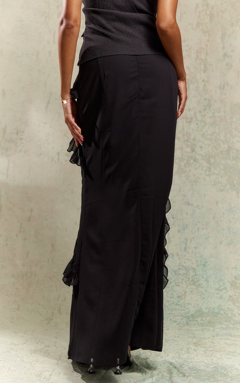 Black Pretty Little Thing Chiffon Ruffle Detail Maxi Skirts | JTHGAVF-56